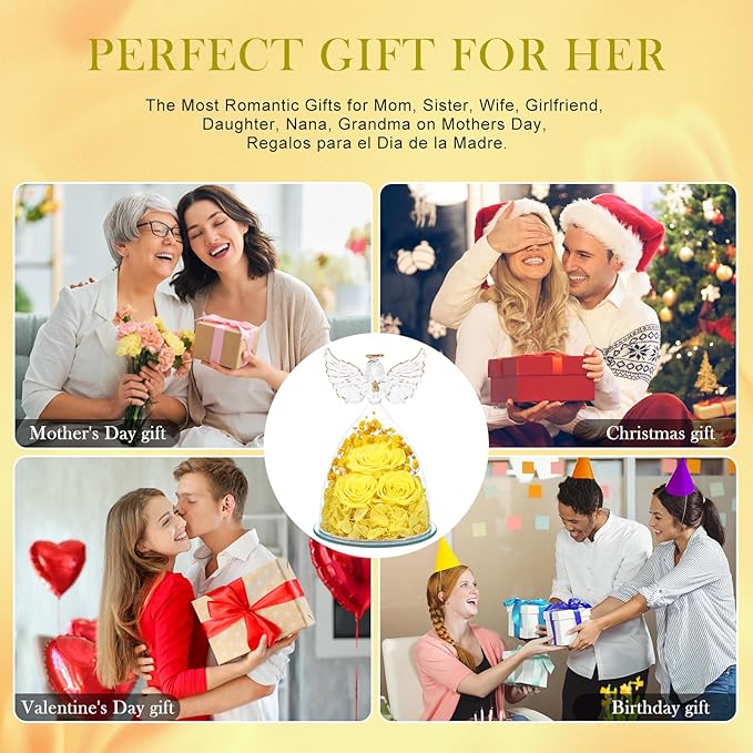 Flowers for Delivery Gifts for Mom Mothers Day Birthday Gifts for Women Grandma Fresh Preserved Flowers Forever Real Roses in Glass Angel Figurines Anniversary Present for Wife Her Friends Daughter