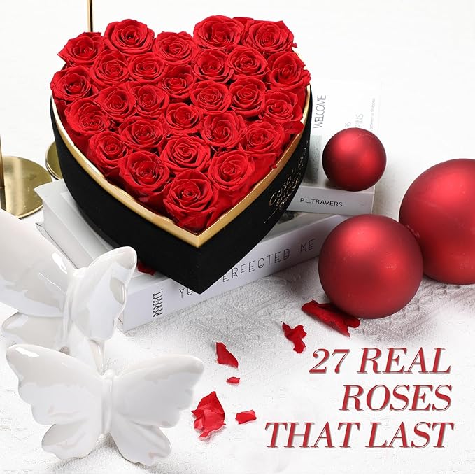 Casaido Preserved Roses Flowers for Delivery 27 Pcs, Mothers Day Rose Gifts for Her, Forever Flores in Heart Box with Necklace, Anniversary Birthday Christmas Vanlentines Gift for Wife Girlfriend, Red