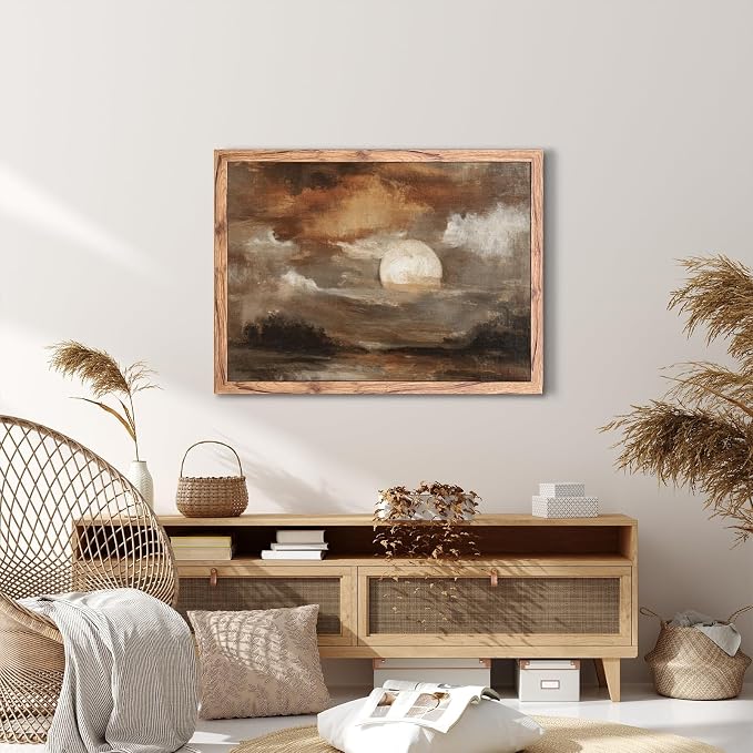 KBBYT Large Framed Wall Art Moody Abstract Moonlit Landscape Poster Canvas Print Vintage Classic Rustic Painting Pictures Wall Decor for Living Room Bedroom Home Decoration 24x36inch Wood Framed
