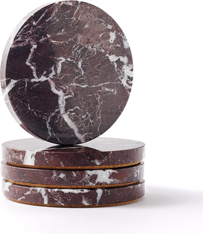 Natural Marble Coasters Set of 4-4" Round Stone Drink Coasters, Non-Slip Cork Backing, Housewarming Gift, Wedding, Protect Tables from Stains & Scratches Rosso Lepanto (WH114)