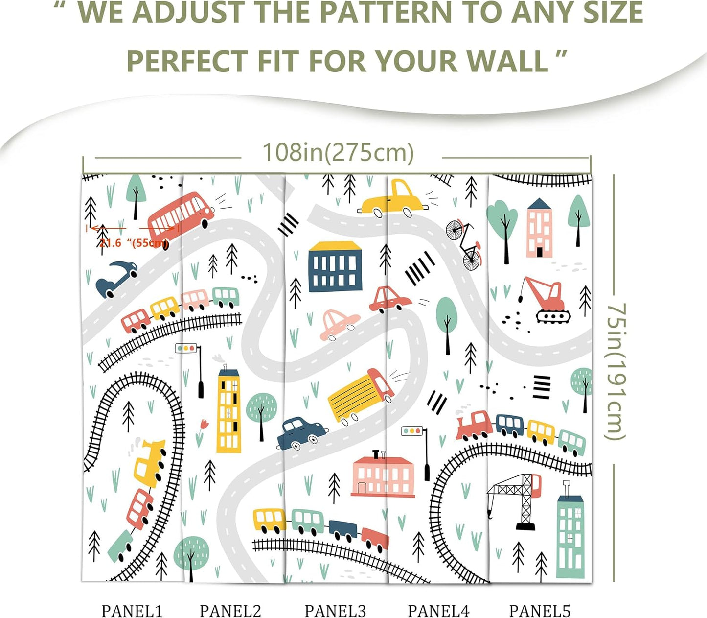 Cartoon Car Roadmap Wall Mural Bus Wallpaper for Kids Room Bedroom Living Room(Not Peel and Stick)