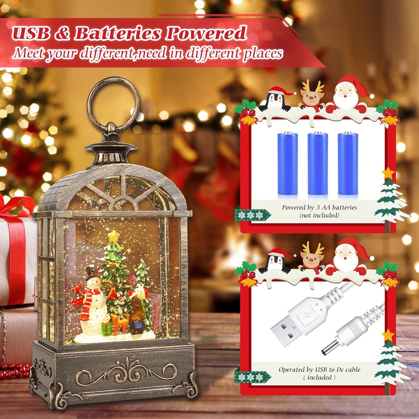 Christmas Snow Globes Lantern,Musical Snow Globes,Christmas Decorations Indoor for Home,Battery Or USB Powered,with 6 Hour Timer,Christmas Lantern for Festival Decoration,Snowman Child
