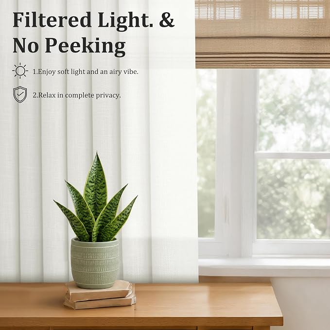 Pinch Pleated Linen Curtains 102 Inch, 2 Panels Premium 400GSM Memory Trained Semi Sheer Light Filtering Window Drapes for Living Room Bedroom Dining, Back Tab & Adjustable Hooks Rings , Natural White