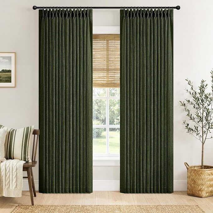 MIULEE Pinch Pleated Thick Linen Curtains 90 Inches Long 2 Panels for Living Room Bedroom, Linen Textured Memory Trained Pleat Drapes Back Tab Light Filtering Loden Window Curtains with Hooks