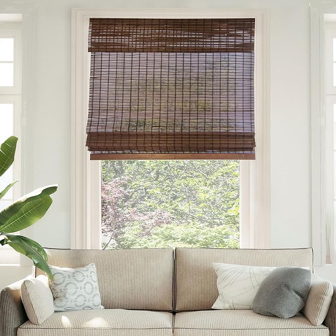 CHICOLOGY Bamboo Roman Shade, Cordless Light Filtering Woven Wood Window Treatment for Living Room, Dining Room, Kitchen & Office, Natural Bamboo Blinds for Boho Coastal Decor, Buffalo, 35"W x 64"H