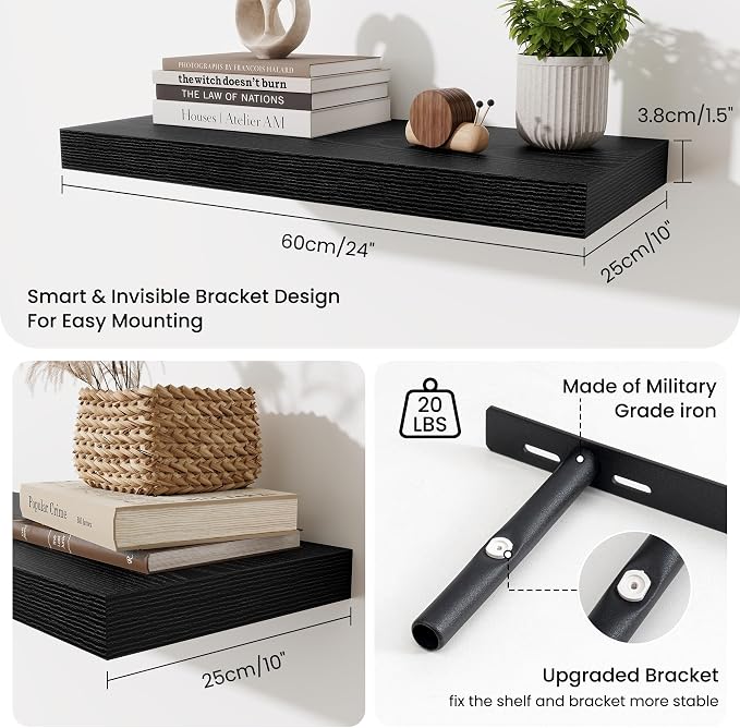 Fun Memories 24 Inch Floating Shelves Wall Mounted, 10 Inch Deep Wall Shelves, 24 x 10 Floating Shelf for Living Room Bathroom Bedroom, Black, Set of 3