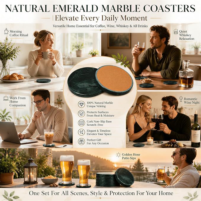 Green Marble Coasters Set of 4, Natural Stone Drink Coasters 4 Inch Round, Non-Slip Cork Bottom, Heat & Water Resistant, Protects Table Surfaces, Elegant Home Decor — Housewarming Gift