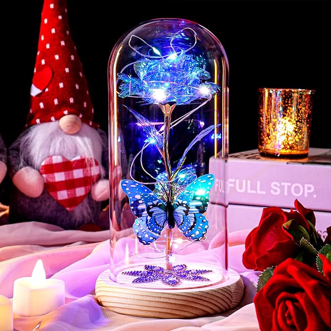 Beferr Birthday Gifts for Women Galaxy Glass Rose Forever Preserved Flowers for Delivery Light Up Rose in Glass Dome Mothers Day Butterfly Gifts for Mom Wife Grandma Her Daughter Girlfriend