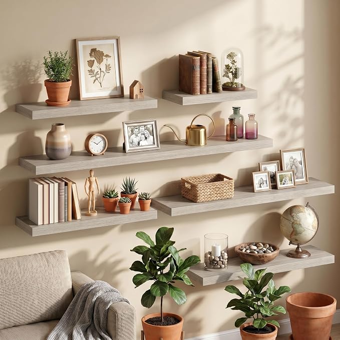 Fun Memories 60Inch Long Floating Shelves, 8 Inch Deep Shelves for Bedroom|Living Room, Wall Mounted Wood Hanging Shelf with Invisible Brackets for Fireplace Mantel Home Storage Decor, Grey - 1 Pack