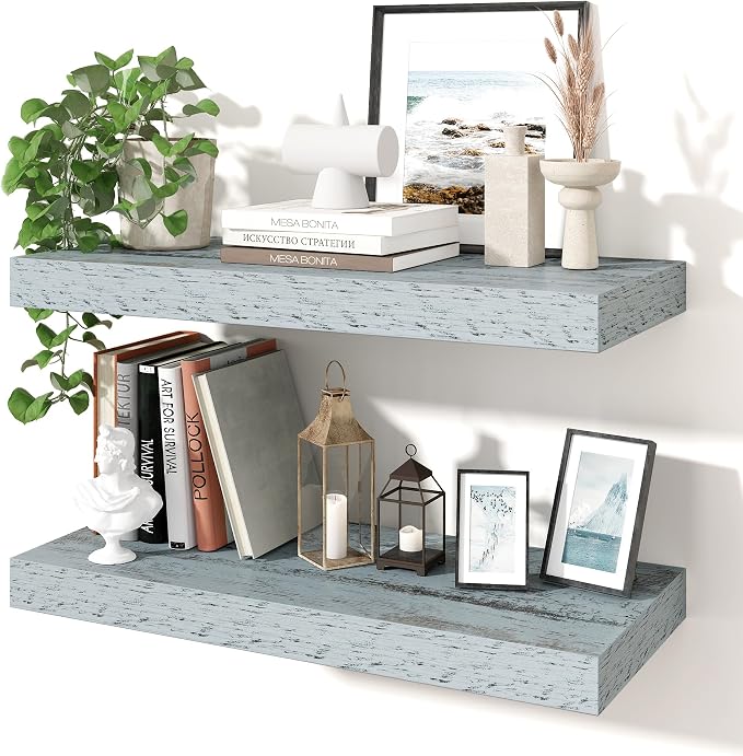 Axeman 24Inch Floating Shelves for Wall, 2 Pack Shelves for Bedroom, Bathroom, Kitchen, Hanging Wall Mounted Rustic Wood Shelf with Invisible Brackets for Books Decor, Rustic Blue