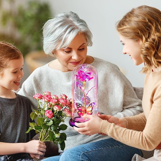 Mothers Day Mom Gifts for Mom Women Birthday Gift Galaxy Glass Rose in Glass Dome Forever Eternal Crystal Flowers with Butterfly Mother's Day Flowers Gifts for Women Wife Grandma Daughter Sister Pink