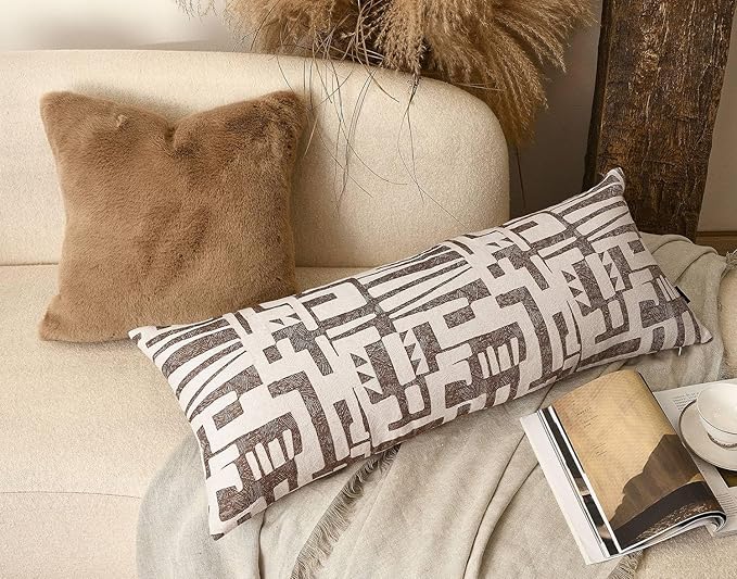 Long Lumbar Pillow Cushion Cover 14x36, Double Sided Modern Geometric High-Density Jacquard Polyester Pillow Cover for Sofa, Bed, Bench, Bedroom, Living Room (Brown)
