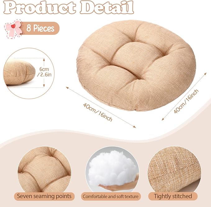Fumete 8 Pcs 16 Inch Floor Cushions Pillow for Kids Bulk Classroom Round Flexible Seating Floor Cushions for Students Home Daycare School Reading Corner Yoga Meditation Picnic (Flax)