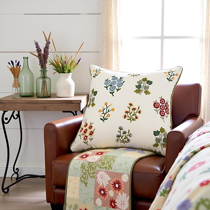 Embroidered Pillow Covers 18x18 inch Pack of 2 Multiflower Decorative Throw Pillow Covers Farmhouse Boho Pillowcases Spring Summer Pillow Cushion Cases Home Decor Square Floral Pillow Case