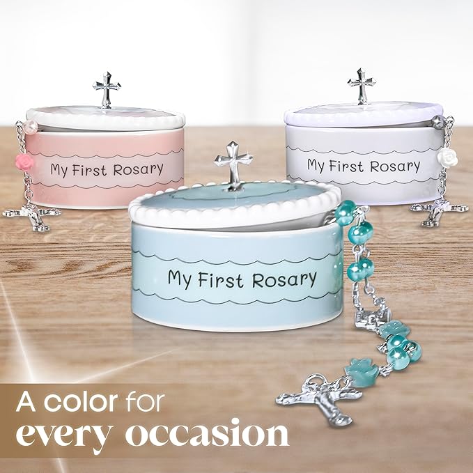 My First Rosary and Keepsake Box Set White and Blue – Catholic Baptism Gifts for Boys, Blessed First Communion Gifts for Boys or Girl, Christening from Godparents