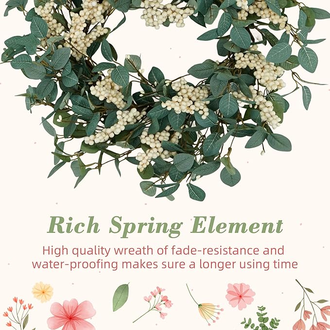 YNYLCHMX 18" Spring Summer Wreaths for Front Door, Artificial Floral Wreath with White Berries and Eucalyptus Leaves, Green Foliage Wreath for Wall Window Farmhouse Party Holiday Home Decor