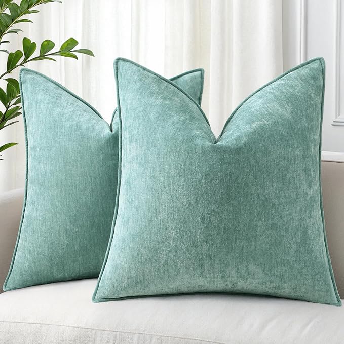 decorUhome Summer Couch Throw Pillow Covers 18x18 Set of 2, Decorative Soft Velvet Modern Cozy Chenille Pillow Cases with Elegant Design for Sofa Bed Living Room Home Decor, Aqua Haze