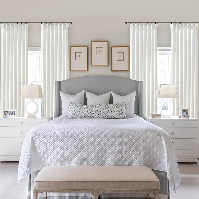 PleatedDrapes White Linen 102 Inch Long Curtains for Bedroom, Pinch Pleat Lush Decor Soft Sheer Curtains 2 Panels Light Filtering Privacy Elegant Luxury Drapes Hooks Rings Back Tab for Office Sunroom