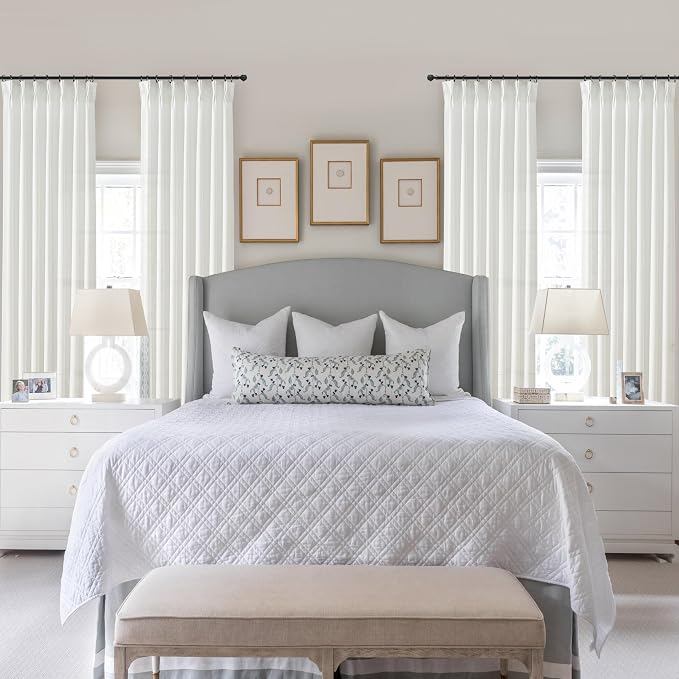 Pinch Pleated Sheer Pure White Curtains 90 Inches Long for Bedroom, Faux Linen Farmhouse Viral Light Filterin Privacy Curtains That Let Light in Kids Room Window Drapes Hooks 40"W x 90"L Panels 2 Set