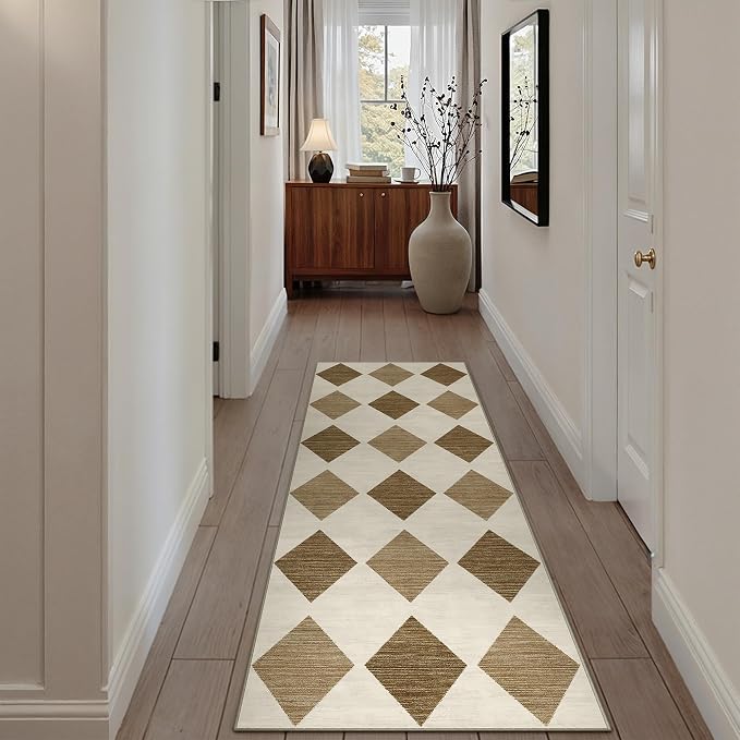 PureCozy 2x8 Runner Checkered Rug for Hallways Brown Washable Long Carpet Non-Slip Low Pile Boho Indoor Accent Throw Rug for Entrance Kitchen Bedroom Dining Laundry