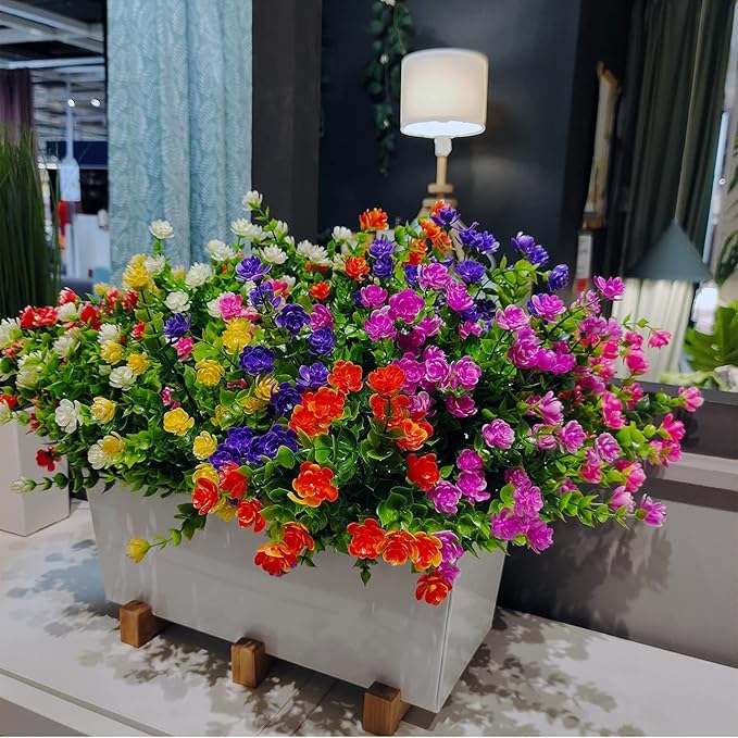 WEAUSUP 21 Bundles Outdoor Faux Plants UV Resistant Faux Bushes Plastic Artificial Flowers Fake Outdoor Plants for Home Garden Decor (7 Colors)