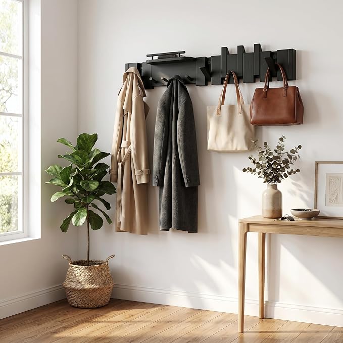 Mid Century Modern Walnut Foldable Entryway Wall Coat Hanger Hook with Shelf,Heavy Duty Wooden Piano Hidden Towel Hooks for Bathroom,Wall Rack for Purse&Key&Mail,Home Decor (Black, 9 Hooks)