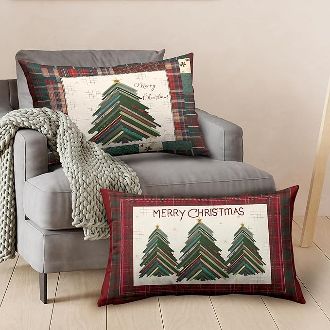 Merry Christmas Lumbar Pillow Covers 12x20 Set of 2 Red Classic Checkered Green Xmas Tree Throw Pillow Covers Holiday Pillowcase Rectangular Cushion Case for Couch Sofa