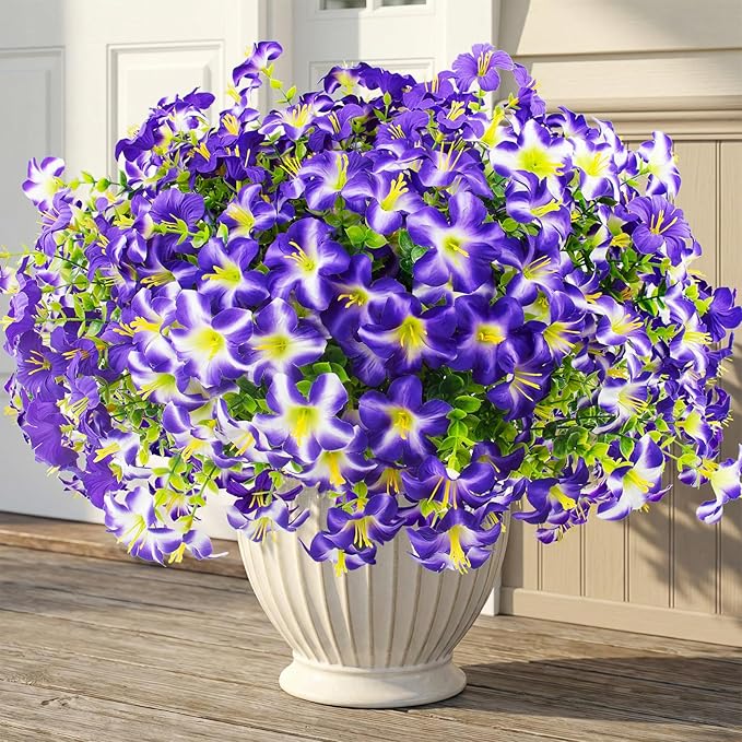 Daynight 16 Pcs Faux Petunias Artificial Flowers for Outdoors, UV Resistant Fake Purple Petunias Plants Realistic Silk Flowers for Porch Front Door Garden Window Outside Decor (16, Purple)