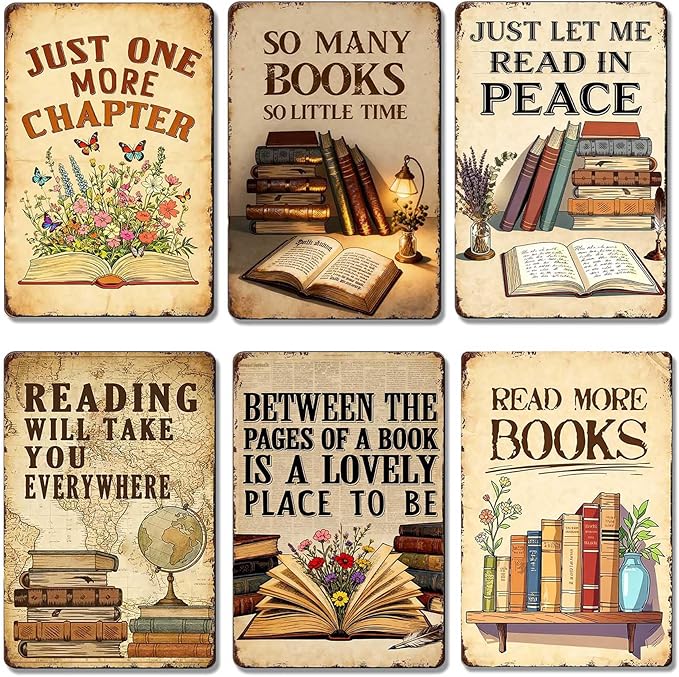 Vintage Classroom Decor 6pcs Reading Book Posters Metal Signs - Library Wall Art Reading Corner Decor for Dorm, Book Shop, Middle & High School Classroom Decorations Sign 8x12 Inch