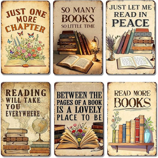 Vintage Classroom Decor 6pcs Reading Book Posters Metal Signs - Library Wall Art Reading Corner Decor for Dorm, Book Shop, Middle & High School Classroom Decorations Sign 8x12 Inch