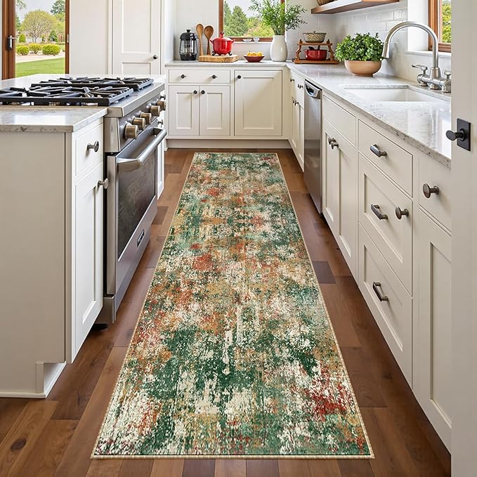 RELEANY Washable Area Rugs 2'x6' Non-Slip Modern Abstract Soft for Living Room Entryway Bedroom Nursery, Print Pattern, Green Orange Rust Red Cream Colorful