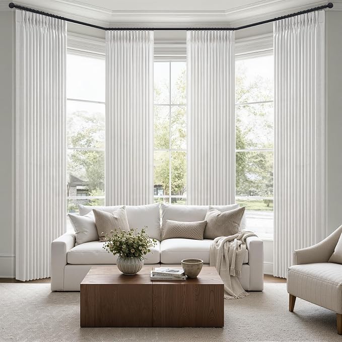 105 Inch Extra Long Pinch Pleated Sliding Door Curtains 4 Panels Set, Beige White Memory Trained Natural Linen Semi Sheer Decorative Windows Drapes Floor to Ceiling Privacy Curtain That Let Light in