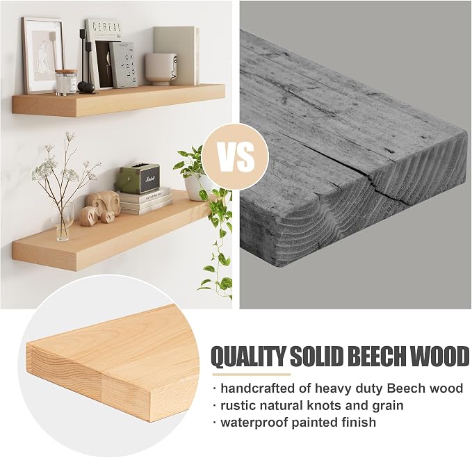 Floating Shelves for Wall, USA-Sourced Beech Wood 32 Inch Wall Shelves Set of 2, Natural Wooden Mounted Picture Ledge Shelf, Nursery Book Storage Shelf Kids Bookshelf Display, Shelf for Bathroom