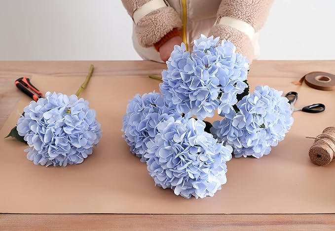 PARTY JOY 5PCS 15.4In Artificial Hydrangea Silk Flowers Bouquet Faux Hydrangea Stems for Wedding Centerpieces Home Decor (Light Blue)