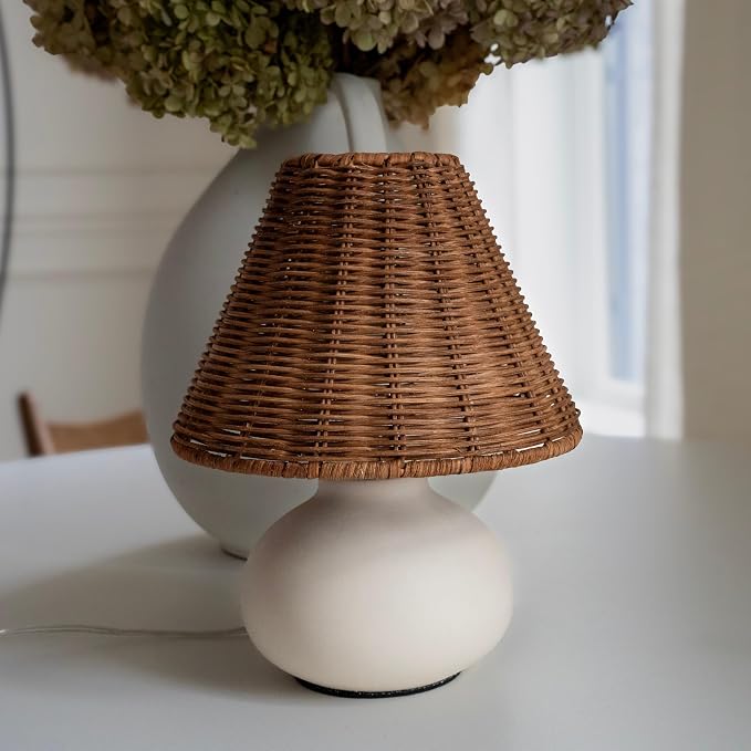11" Small Table Lamp – Handmade Ceramic Cream Base with Wicker Rattan Shade, Dimmable Plug-in Nightstand Light for Bedroom, Kitchen Counter, or Small Spaces – Boho Japandi Organic Decor