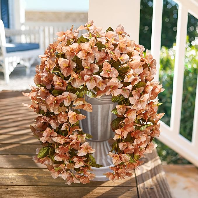 HyeFlora Bougainvillea Artificial Hanging Flowers Plants for Outdoors Decoration, 2pcs Faux Bougainvillea Vines Brown Fake Flowers Realistic UV Resistant Silk Flowers for Outside Planter Yard Porch