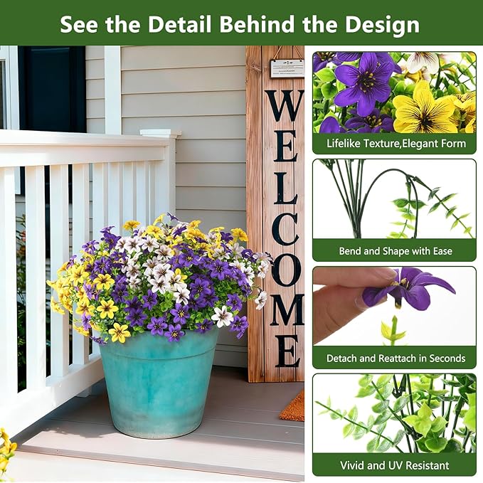 Homsunny Artificial Fake Flowers for Outdoor Spring Decoration, 12 Bundles Faux Plants Silk Daisy UV Resistant Realistic for Outside Porch Patio Balcony Planter Yard Garden Home Decor(Mixed 3)
