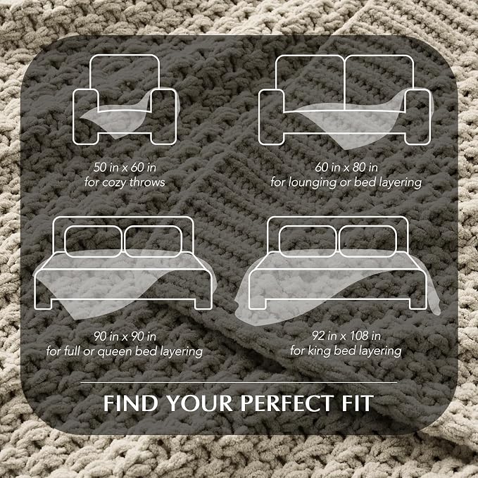 EVERGRACEHOME Chunky Chenille Knit Throw Blanket for Couch, Soft Luxurious Oversized Queen Moss Stitch Blanket for Bed, Cozy Farmhouse Knitted Throw for Sofa, Warm Gray, 90" x 90"