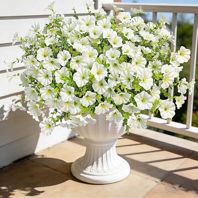 Ouddy Decor 24 Bundles Artificial Flowers for Outdoors, Fake Petunias Flowers Silk Morning Glory with Eucalyptus Faux Plants for Indoor Outside Spring Summer Yard Garden Porch Home Decor, White