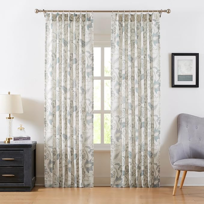 Kayne Studio Pinch Pleated Jacobean Floral Light Filtering Window Curtains Boho Botanical Leaf Printed Vintage Farmhouse Blue Grey Back Tab Window Treatment Set Living Room Bedroom,40"x84",2 Panels