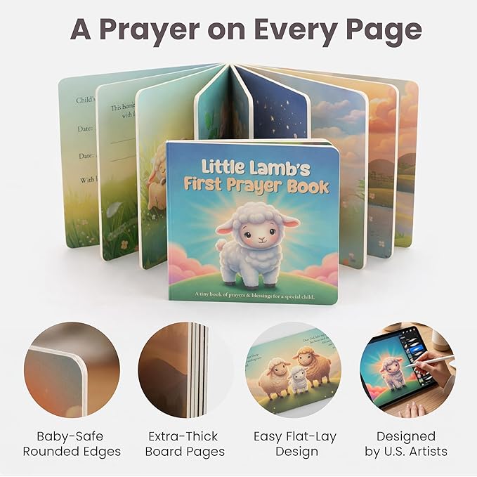 Baptism Gift for Boy Baptism Set with 10" Praying Lamb Plush Toy with Blue Bow, Bamboo Muslin Blanket & First Prayer Book, Ready to Gift Keepsake Box