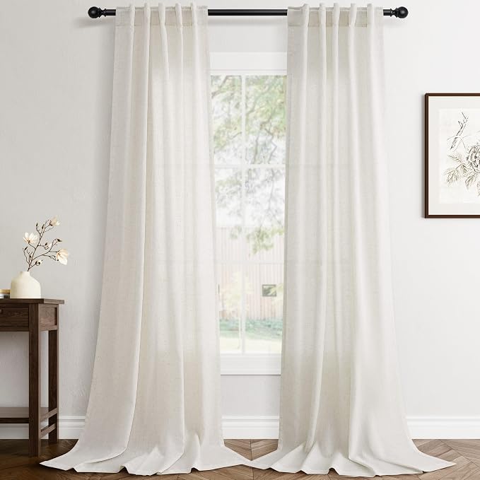 Jowels Natural Linen Curtains 85 Inch Long 2 Panels for Living Room | Ivory Light Filtering Sheer Curtain,Back Tab Pocket Pleated Look,Modern Farmhouse Textured Privacy Drapes for Bedroom Window