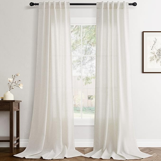 Jowels Natural Linen Curtains 105 Inch Long 2 Panels for Living Room | Ivory Light Filtering Sheer Curtain,Back Tab Pocket Pleated Look,Modern Farmhouse Textured Privacy Drapes for Bedroom Window