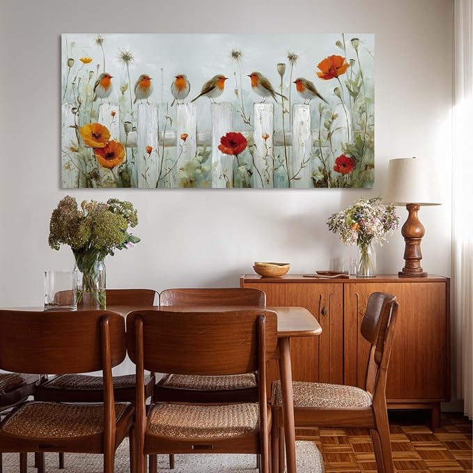 Ggaafet Garden Birds Wall Art for Living Room Canvas Oil Painting Prints Cute Sparrow on Fence Art Deco Nature Artwork Office Bedroom Family Dining Room Decor Large