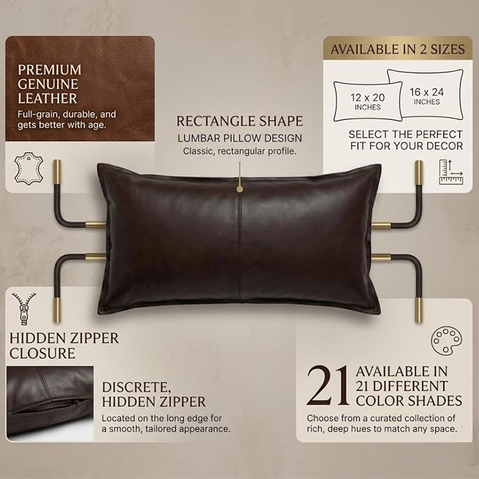 Genuine Leather Pillow Cover Case for Lumbar Throw Couch Pillows - Modern Farmhouse Decorative Sofa Thick & Soft Cushion Covers (Chocolate Brown, 16" x 24")