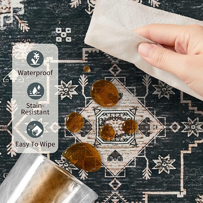 Rugxara 6x9 Area Rugs for Living Room Bedroom, Large Washable Rug, Black Vintage Floral Boho Rug, Non Slip & Low Pile Faux Wool Thin Carpet for Indoor Dining Room, Dorm and Kids Room(Black 6x9ft)