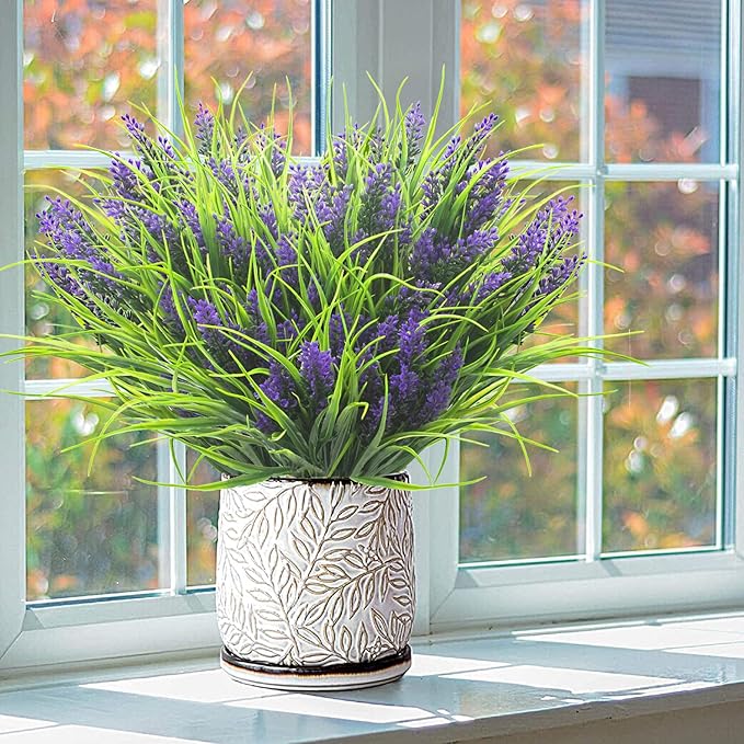 Grunyia 20 Bundles Artificial Plants Outdoor Fake Monkey Grass with Flowers (Purple)