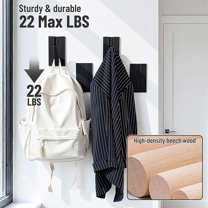 Folding Wall Hooks 4Pack: Black Modern Wooden Coat Hooks Mount for Heavy Duty Hanging Towels Backpack Bags Hats, Space Saving Minimalist Decorative Entryway Hanger for Aesthetic Homeowner