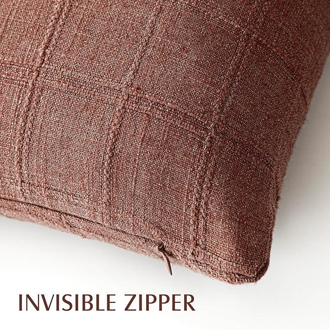 Foindtower Set of 2 Decorative Linen Check Throw Pillow Covers Neutral Farmhouse Vintage Cushion Covers Modern Boho Home Decor for Sofa Chair Couch Bedroom Living Room,18×18 Inch,Autumnal Red