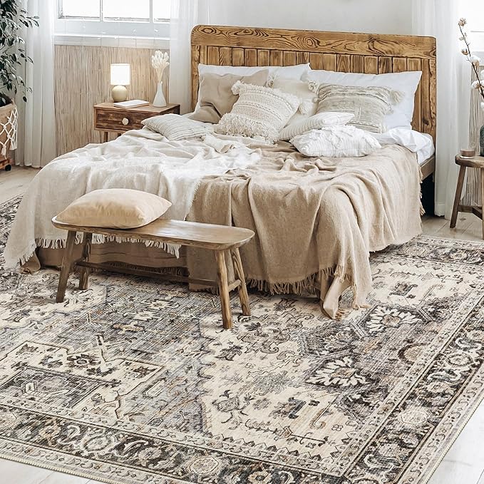 Area Rug for Living Room - 9x12 Soft Machine Washable Oriental Vintage Floral Distressed Large Indoor Floor Carpet for Bedroom Under Dining Table Home Office Decor - Brown